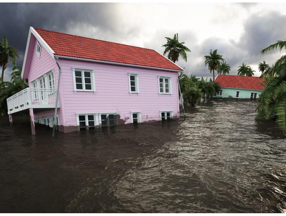 pink house amidst 3 ft flood of rain water 